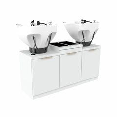Twin Shampoo Pedestals including Tilting Bowls with Bottle Well Storage Cabinet - Collins - Salon Equipment and Barber Equipment