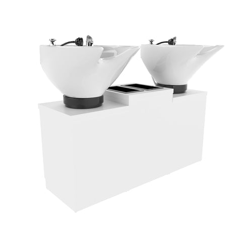Twin Shampoo Pedestals including Tilting Bowls with Bottle Well Storage Cabinet - Collins - Salon Equipment and Barber Equipment